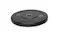 An angled view showing a single black bumper weight plate resting flat on a white surface An angled view showing a single black bumper weight plate resting flat on a white surface