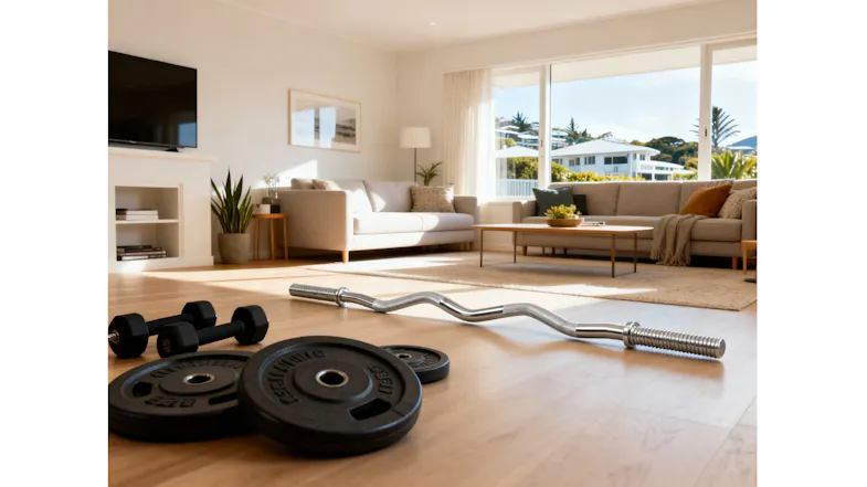 EZ curl bar, weight plates, and dumbbells arranged on a living room floor for home workouts EZ curl bar, weight plates, and dumbbells arranged on a living room floor for home workouts