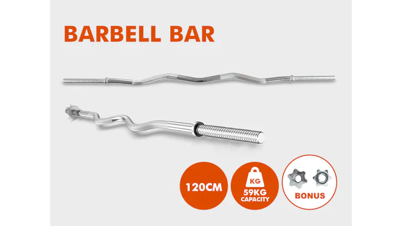 EZ curl bar product image showing a 120 cm length, 59 kg capacity, and included spin-lock collars EZ curl bar product image showing a 120 cm length, 59 kg capacity, and included spin-lock collars