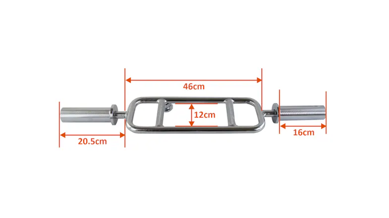 Olympic tricep bar dimension diagram showing a 46 cm frame length, 12 cm handle spacing, and sleeve lengths Olympic tricep bar dimension diagram showing a 46 cm frame length, 12 cm handle spacing, and sleeve lengths