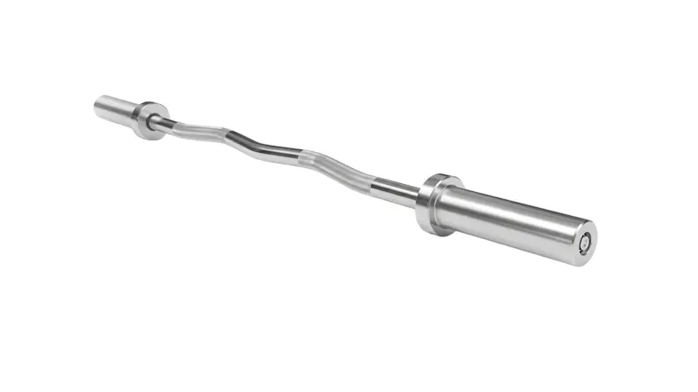 Angled close-up of a chrome EZ curl barbell with textured grips Angled close-up of a chrome EZ curl barbell with textured grips