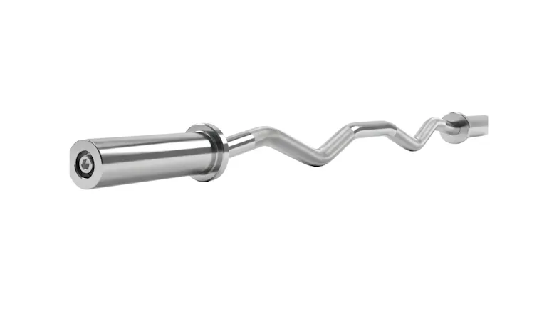 Close-up view of a chrome EZ curl barbell with textured grip sections Close-up view of a chrome EZ curl barbell with textured grip sections