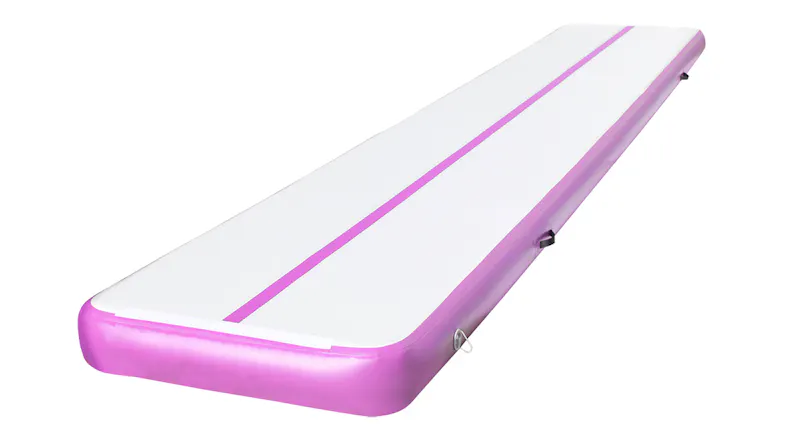 An angled front view of an inflatable pink and grey gymnastics air track mat with a centre alignment line An angled front view of an inflatable pink and grey gymnastics air track mat with a centre alignment line