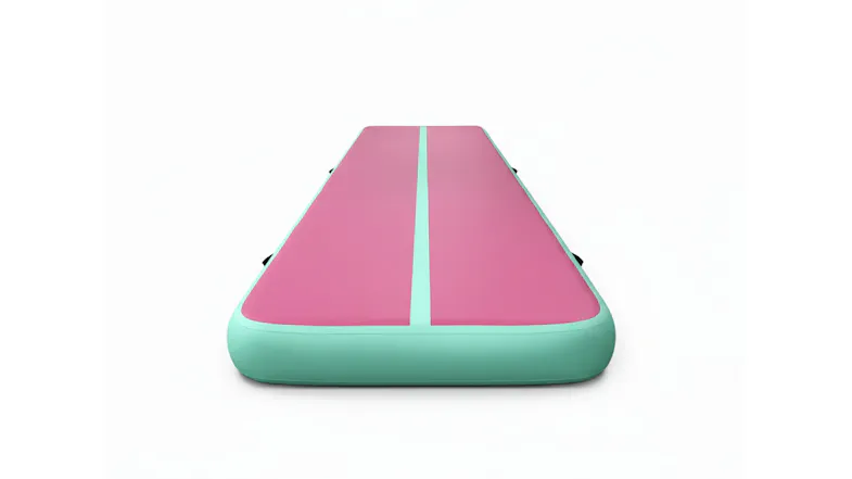 Front view of a pink and green inflatable training mat with a centred mint stripe Front view of a pink and green inflatable training mat with a centred mint stripe