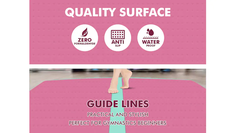 Pink air track mat with a textured, waterproof, anti-slip surface and a centre guide line for gymnastics training Pink air track mat with a textured, waterproof, anti-slip surface and a centre guide line for gymnastics training