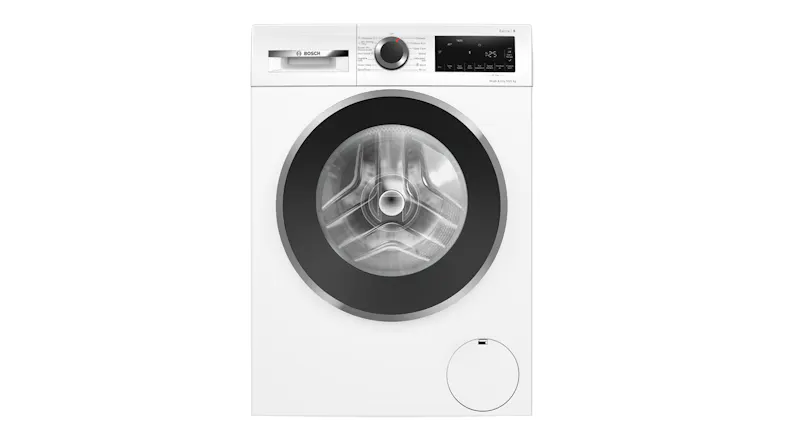 Bosch Series 6 front loader washing machine and dryer combo in white, shown from the front Bosch Series 6 front loader washing machine and dryer combo in white, shown from the front