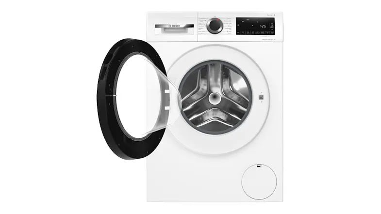Bosch Series 6 washer dryer combo with the front door open, revealing the stainless steel drum interior Bosch Series 6 washer dryer combo with the front door open, revealing the stainless steel drum interior