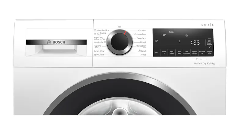 Close-up of the Bosch Series 6 control panel featuring a programme selection dial Close-up of the Bosch Series 6 control panel featuring a programme selection dial