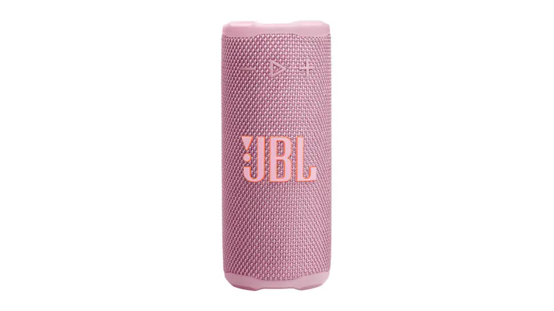 Front view of the JBL Grip portable Bluetooth speaker in pink, featuring a cylindrical design Front view of the JBL Grip portable Bluetooth speaker in pink, featuring a cylindrical design