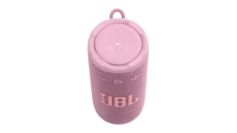 Top-down view of the pink Bluetooth speaker, highlighting the circular top panel and compact shape Top-down view of the pink Bluetooth speaker, highlighting the circular top panel and compact shape
