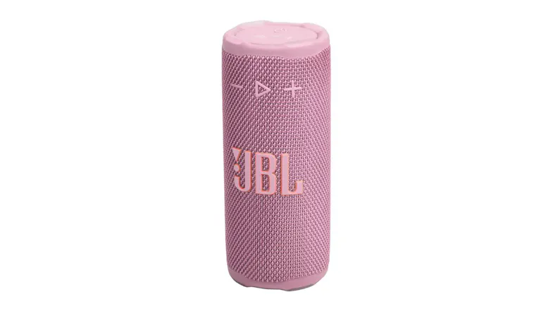 Front view of the pink speaker displaying its cylindrical body, woven fabric finish, and JBL logo on the grille Front view of the pink speaker displaying its cylindrical body, woven fabric finish, and JBL logo on the grille