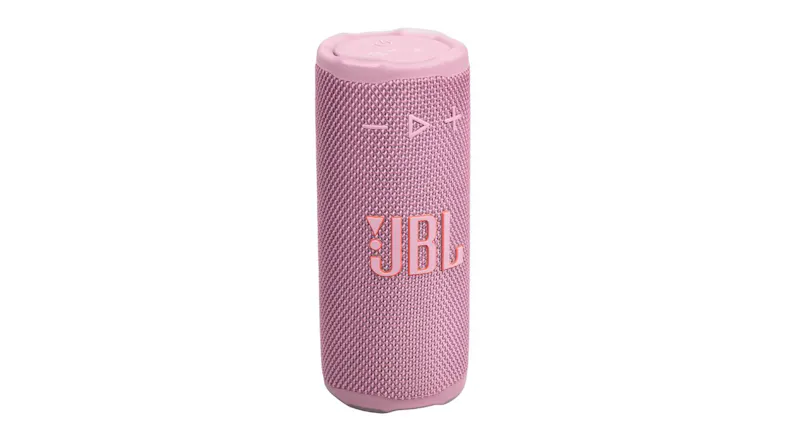 Three-quarter front view of the pink JBL Grip portable speaker, emphasising its compact design Three-quarter front view of the pink JBL Grip portable speaker, emphasising its compact design