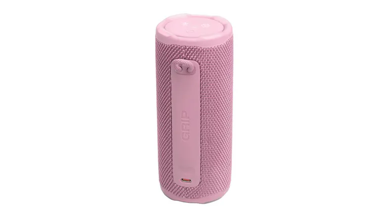 Rear view of the pink speaker showing the integrated grip opening and streamlined back panel Rear view of the pink speaker showing the integrated grip opening and streamlined back panel