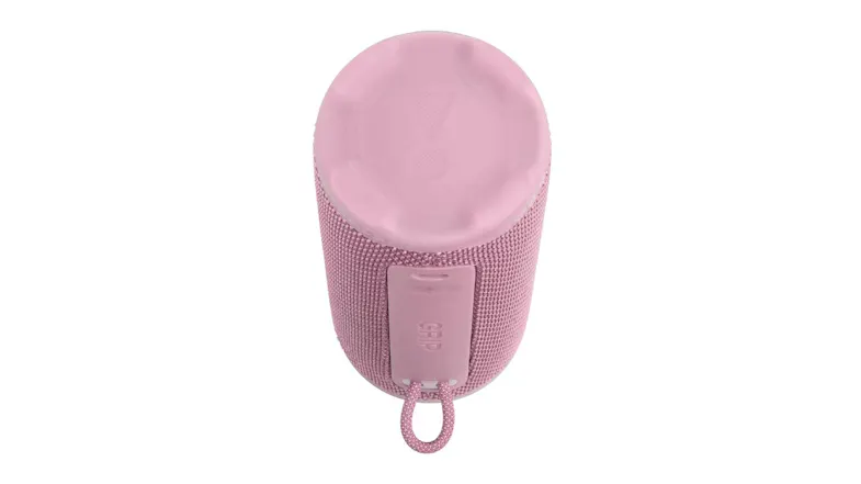 Top and rear angled view of the pink Bluetooth speaker, featuring the carry loop and cylindrical construction Top and rear angled view of the pink Bluetooth speaker, featuring the carry loop and cylindrical construction