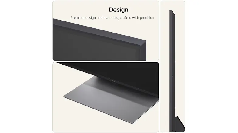 Close-up side angle view of the TV showing sleek metal stand and edge Close-up side angle view of the TV showing sleek metal stand and edge