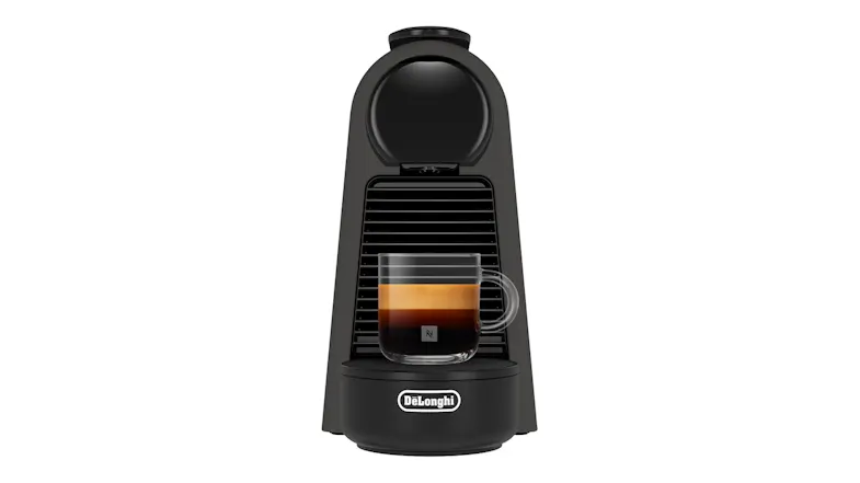 DeLonghi Nespresso Essenza Mini in black finish with a glass cup of espresso DeLonghi Nespresso Essenza Mini in black finish with a glass cup of espresso