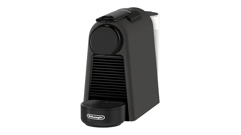 Angled profile of the espresso machine showing its front grille and base Angled profile of the espresso machine showing its front grille and base