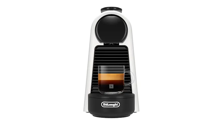 DeLonghi Nespresso Essenza Mini in white finish with a glass cup of espresso DeLonghi Nespresso Essenza Mini in white finish with a glass cup of espresso