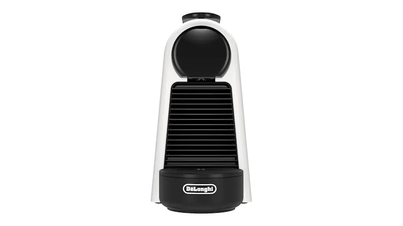Straight front view of the white DeLonghi Nespresso Essenza Mini machine Straight front view of the white DeLonghi Nespresso Essenza Mini machine