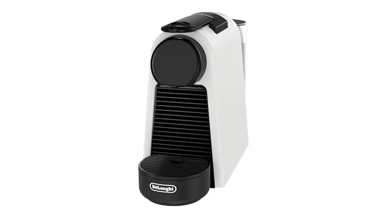 Angled profile of the espresso machine showing its front grille and base Angled profile of the espresso machine showing its front grille and base