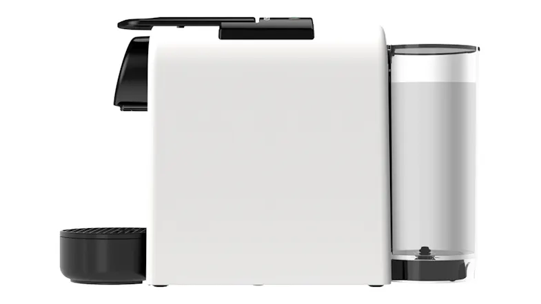 Side view of the white espresso machine with clear rear water tank Side view of the white espresso machine with clear rear water tank