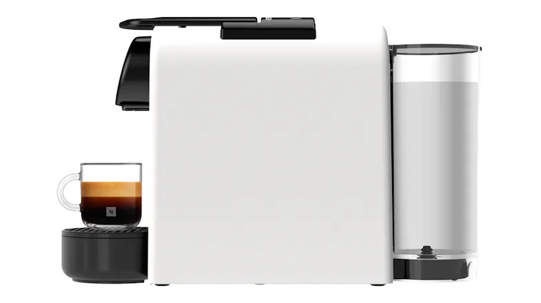 Side profile of a DeLonghi Nespresso Essenza Mini espresso machine with a filled cup Side profile of a DeLonghi Nespresso Essenza Mini espresso machine with a filled cup