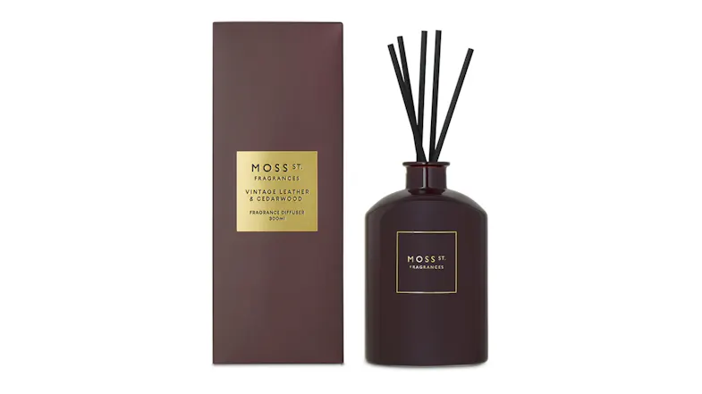 Moss St. Vintage Leather & Cedarwood reed diffuser and matching brown box with gold label Moss St. Vintage Leather & Cedarwood reed diffuser and matching brown box with gold label