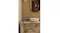 Modern vanity displaying a candle and packaging beside vessel sink Modern vanity displaying a candle and packaging beside vessel sink