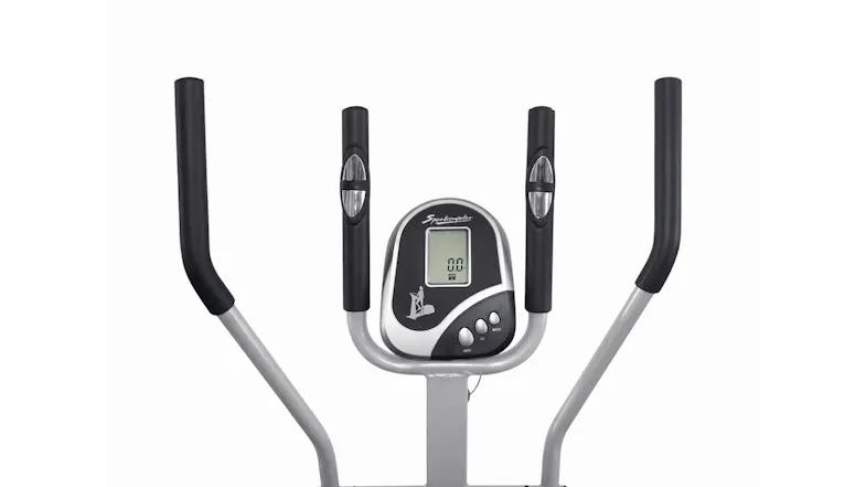 Digital fitness monitor on a ProTrain elliptical with ergonomic handlebars and pulse sensors Digital fitness monitor on a ProTrain elliptical with ergonomic handlebars and pulse sensors