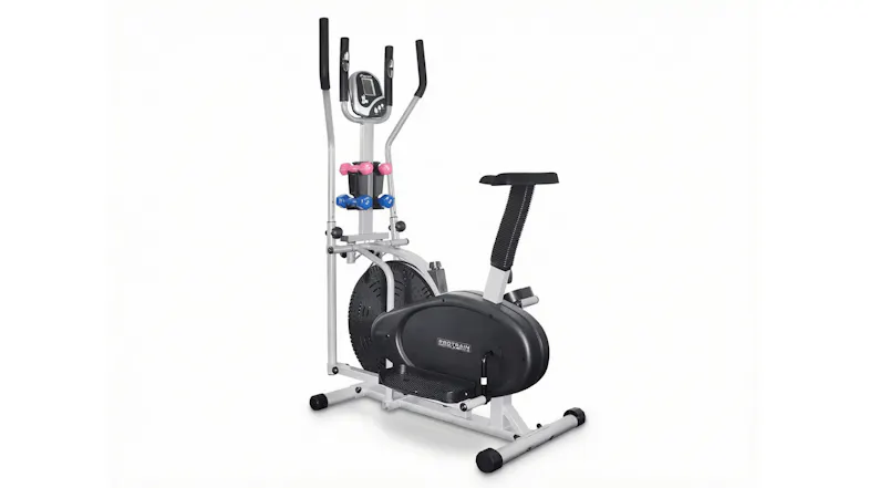 Multi-function elliptical trainer for cardio and strength training with built-in dumbbells and a seat Multi-function elliptical trainer for cardio and strength training with built-in dumbbells and a seat
