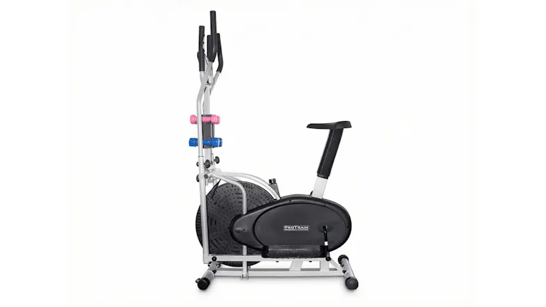 Side view of ProTrain 5-in-1 elliptical trainer with adjustable seat and built-in dumbbell storage Side view of ProTrain 5-in-1 elliptical trainer with adjustable seat and built-in dumbbell storage
