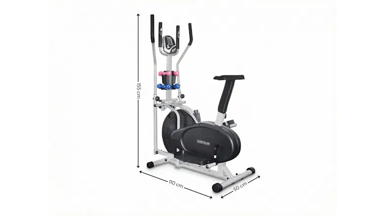 5-in-1 elliptical trainer with seat, dumbbells, and size specifications for home gym placement 5-in-1 elliptical trainer with seat, dumbbells, and size specifications for home gym placement