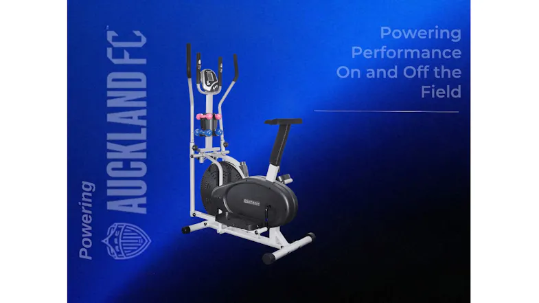 PROTRAIN Elliptical Trainer displayed on a blue background with Powering Performance branding PROTRAIN Elliptical Trainer displayed on a blue background with Powering Performance branding