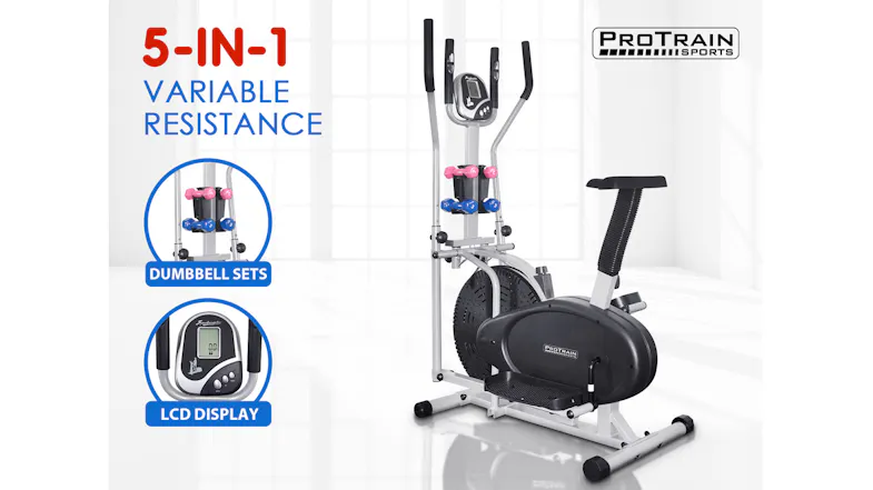 Elliptical trainer with a seat and handles, labelled “5-in-1” and “variable resistance,” with dumbbell sets, and LCD console Elliptical trainer with a seat and handles, labelled “5-in-1” and “variable resistance,” with dumbbell sets, and LCD console
