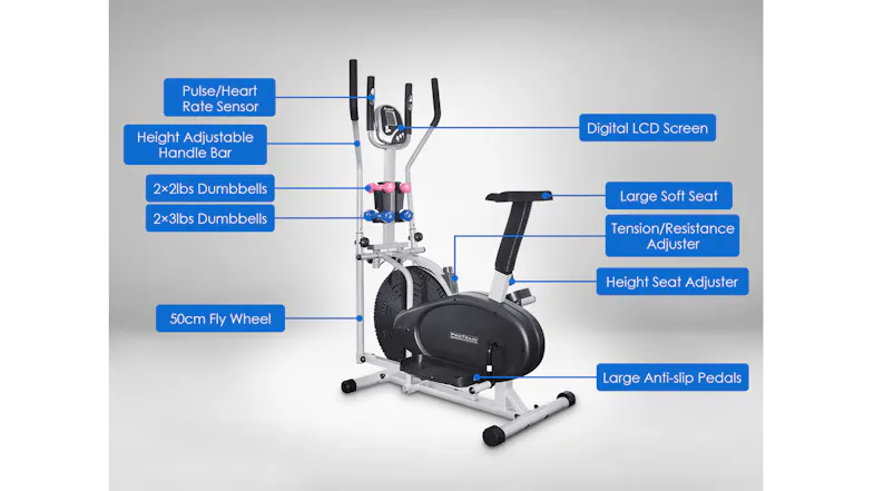 Features of the elliptical bike include its LCD screen, adjustable seat, handlebars, dumbbells, and pedals Features of the elliptical bike include its LCD screen, adjustable seat, handlebars, dumbbells, and pedals