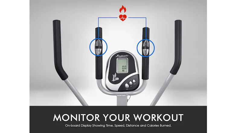 Close-up of the PROTRAIN elliptical handlebars with heart rate sensors and an LCD console showing workout details Close-up of the PROTRAIN elliptical handlebars with heart rate sensors and an LCD console showing workout details