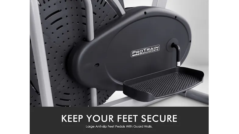 Large anti-slip pedals with guard walls on an exercise air bike to keep your feet secure Large anti-slip pedals with guard walls on an exercise air bike to keep your feet secure