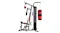 Side view of a home gym machine with a punching bag, speed bag, and cable resistance workout system Side view of a home gym machine with a punching bag, speed bag, and cable resistance workout system