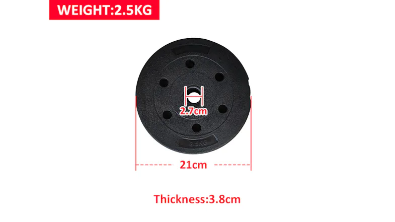 A detailed technical specifications graphic featuring a single black 2.5kg weight plate A detailed technical specifications graphic featuring a single black 2.5kg weight plate