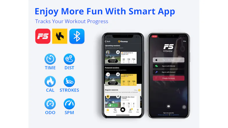Smartphone fitness apps paired with a rowing machine for tracking cardio workouts and exercise goals Smartphone fitness apps paired with a rowing machine for tracking cardio workouts and exercise goals
