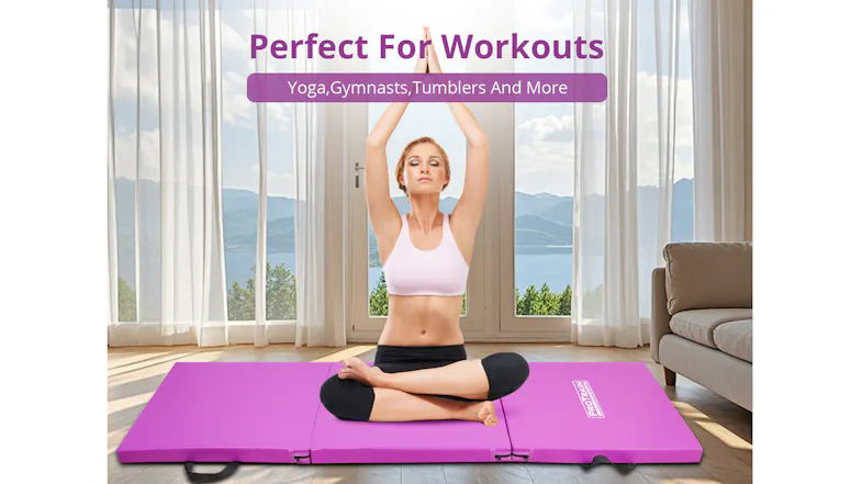 Woman doing yoga on a pink PROTRAIN folding exercise mat in a bright living room Woman doing yoga on a pink PROTRAIN folding exercise mat in a bright living room