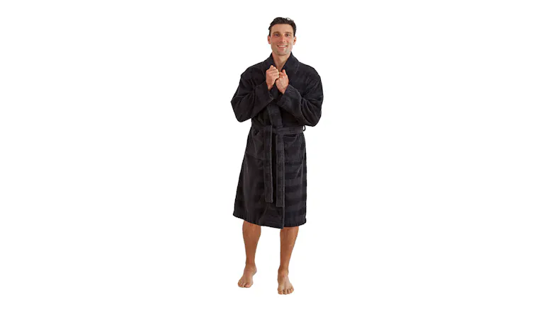 Person standing barefoot in a dark plaid Baksana Aiden Bath Robe, holding the collar Person standing barefoot in a dark plaid Baksana Aiden Bath Robe, holding the collar