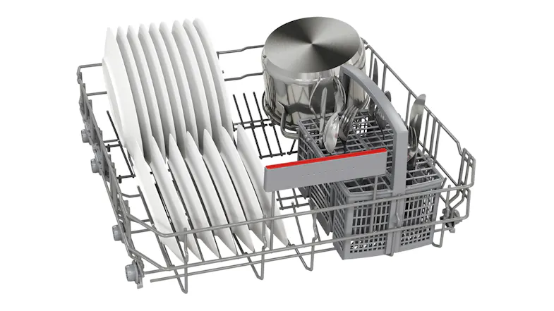 Bottom rack view featuring loaded plates and bowls in wire racks Bottom rack view featuring loaded plates and bowls in wire racks