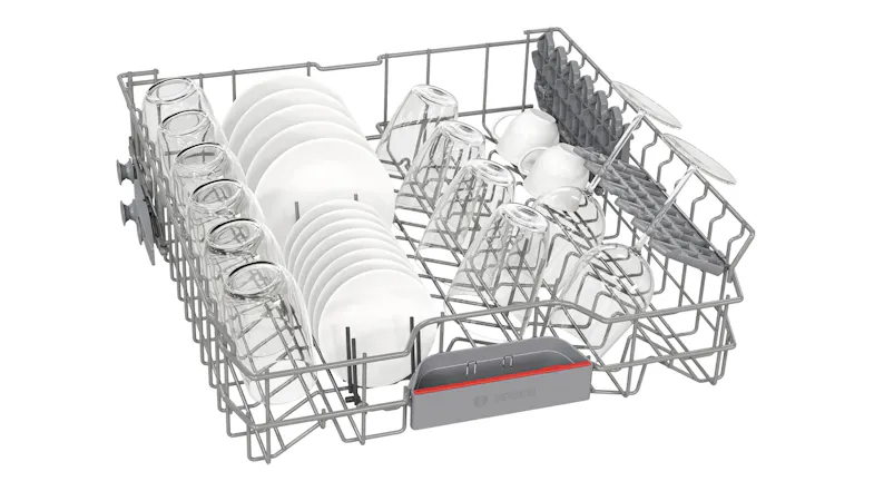 Top rack view showing organised dishes, glasses, and cup holders Top rack view showing organised dishes, glasses, and cup holders