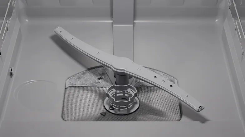 Interior view featuring lower spray arm and stainless steel filter base Interior view featuring lower spray arm and stainless steel filter base