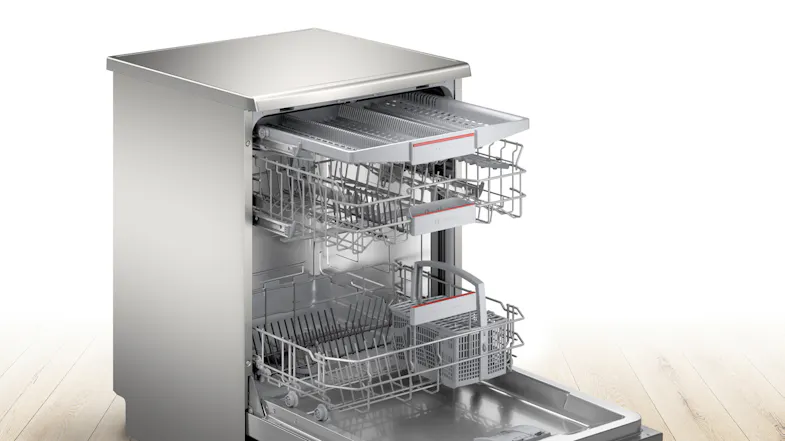 Angle view featuring fully extended internal racks in modern kitchen Angle view featuring fully extended internal racks in modern kitchen