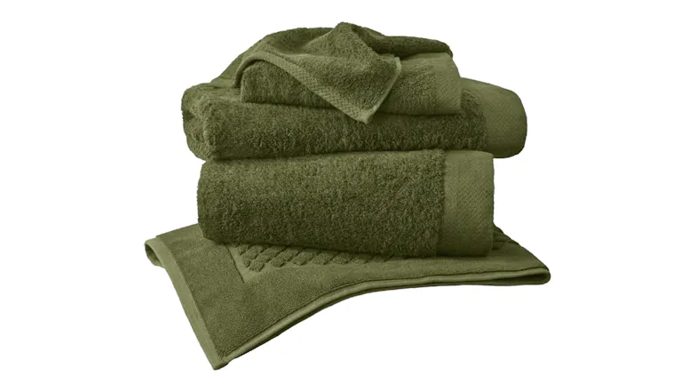 Baksana Bamboo Fabric Bathmat stacked neatly in moss finish Baksana Bamboo Fabric Bathmat stacked neatly in moss finish