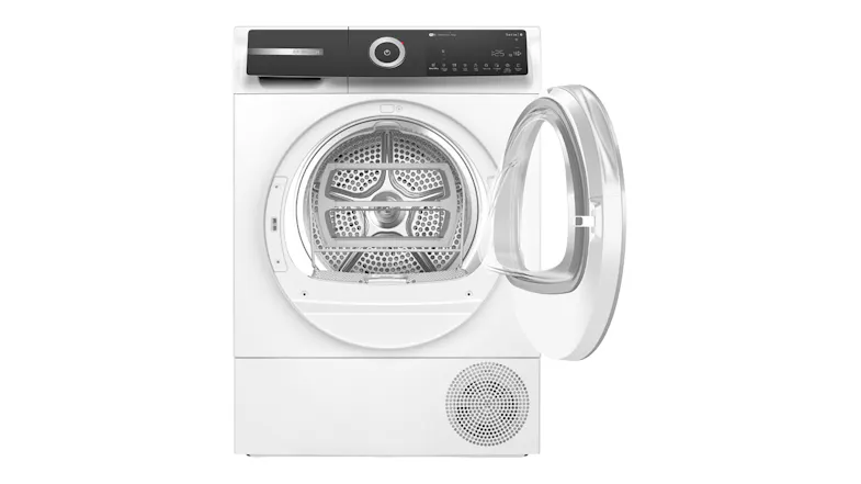 Front view showing the open dryer door revealing the textured drum Front view showing the open dryer door revealing the textured drum
