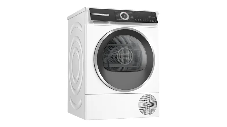 Angled view showcasing the white dryer body with sleek control panel Angled view showcasing the white dryer body with sleek control panel