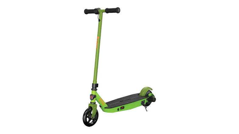 Front angled view of a green Razor Black Label E90 Electric Scooter with a black deck, handlebars, and wheels Front angled view of a green Razor Black Label E90 Electric Scooter with a black deck, handlebars, and wheels